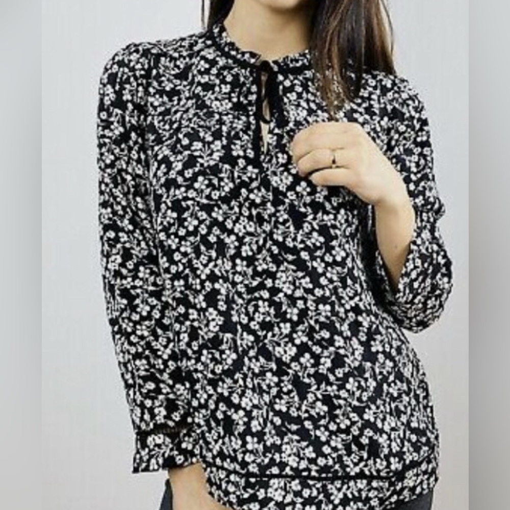 J. Crew Point Sur Black and White Silk Popover  Blouse
